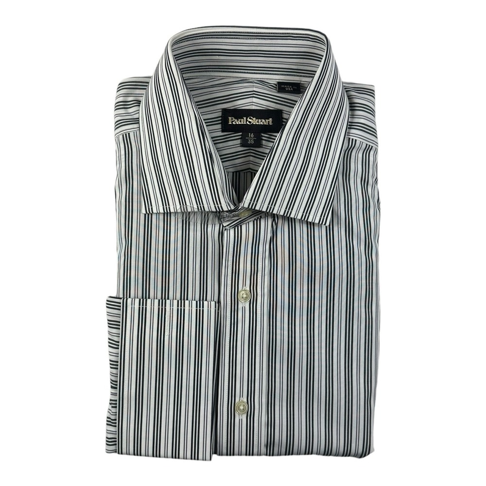 Paul Stuart White Gray Black Striped Cotton Mens Button Front Size 16/35 NWT 228